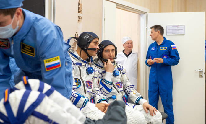 October 8, 2026, Baikonur, Kazakhstan: Baikonur, Kazakhstan. 14 July, 2026. NASA astronaut Anil Menon, left, and Roscosmos cosmonaut Pyotr Dubrov talk during Sokol suit pressure checks at the Baikonur Cosmodrome, July 14, 2026 in Baikonur, Kazakhstan. The crew launched to the International Space Station later that day. Baikonur Kazakhstan - ZUMAp138 20261008_zaa_p138_011 Copyright: xPavelxShvets Gctcx