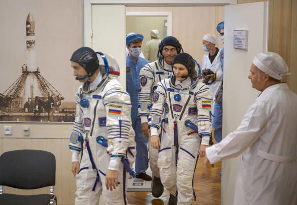 October 8, 2026, Baikonur, Kazakhstan: Baikonur, Kazakhstan. 14 July, 2026. Roscosmos cosmonauts Pyotr Dubrov, foreground, and Anna Kikina and NASA astronaut Anil Menon prepare for Sokol suit pressure checks at the Baikonur Cosmodrome, July 14, 2026 in Baikonur, Kazakhstan. The crew launched to the International Space Station later that day. Baikonur Kazakhstan - ZUMAp138 20261008_zaa_p138_018 Copyright: xBillxIngalls Nasax