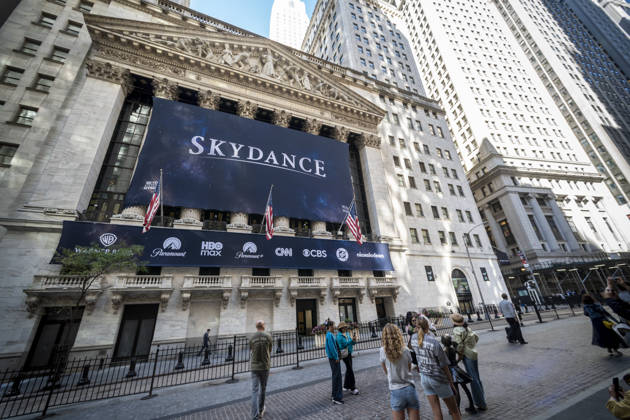 Skydance at the NYSE The New York Stock Exchange is decorated with a banner for Skydance on Thursday, October 8, 2026 celebrating it listing from NASDAQ to the NYSE following its acquisition of Warner Bros. Discovery.. ( RichardxB.xLevine