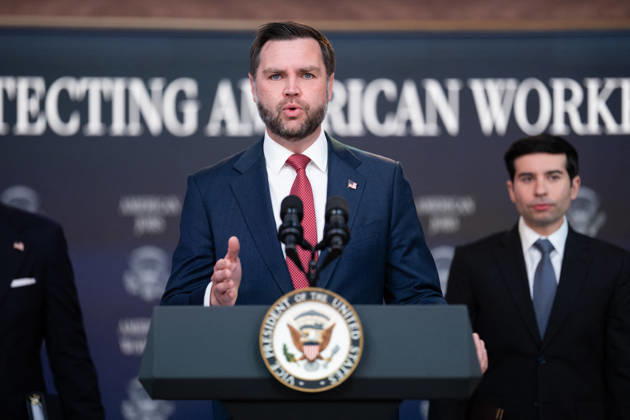JD Vance During Immigration Program Announcement - Washington Vice President JD Vance gives remarks during an announcement in the South Court Auditorium of the Eisenhower Executive Office Building at the White House in Washington, DC, US, on Thursday, Oct. 8, 2026. The Trump administration said Thursday that it would suspend an immigration program for multiple tech firms, including Microsoft Corp., alleging widespread abuse of a worker visa system. Photo by Aaron Schwartz Pool ABACAPRESS.COM Washington District of Columbia  Copyright: xPool ABACAx