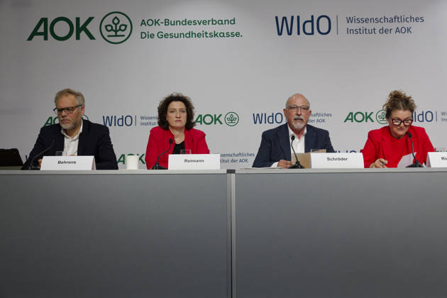 AOK-Fehlzeitenreport 2026 vorgestellt 2026-10-08 Deutschland, Berlin PressekonferenzFehlzeiten-Report 2026 des AOK-Bundesverbands und des Wissenschaftlichen instituts der AOK (WIsO). Im Bild v. l. Kai Behrens, AOK-Pressesprecher, Dr. Carola Reimann, Vorstandsvorsitzende AOK-Bundesverband, Helmut Schröder, Geschäftsführer des Wissenschaftlichen Instituts der AOK und Mitherausgeber des Reports, Prof. Dr. med. Steffi G. Riedel-Heller, MPH, Direktorin des Instituts für Sozialmedizin, Arbeitsmedizin unbd Publich Health der Universität Leipzig sowie Mit-Autorin des Fehlzeiten-Reports 2026.