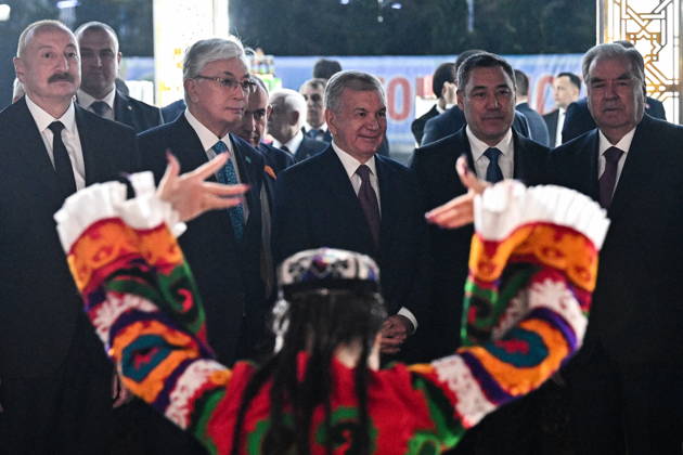 TURKMENISTAN, BALKAN PROVINCE - OCTOBER 8, 2026: Presidents Ilham Aliyev of Azerbaijan, Kassym-Jomart Tokayev of Kazakhstan, Shavkat Mirziyoyev of Uzbekistan, Sadyr Japarov of Kyrgyzstan, and Emomali Rahmon (L-R) of Tajikistan visit a traditional food festival in the Awaza National Tourist Zone on the sidelines of a meeting of the CIS (Commonwealth of Independent States) Council of Heads of State in Turkmenbasy Turkmenistan - ZUMAt113 20261008_zaa_t113_614 Copyright: xSergeixBobylevx