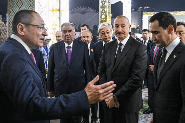 TURKMENISTAN, BALKAN PROVINCE - OCTOBER 8, 2026: Presidents Serdar Berdimuhamedow of Turkmenistan, Ilham Aliyev of Azerbaijan, Emomali Rahmon (R-L front) of Tajikistan, Kassym-Jomart Tokayev of Kazakhstan, and Nikol Pashinyan (R-L back), Prime Minister of Armenia, visit a traditional food festival in the Awaza National Tourist Zone on the sidelines of a meeting of the CIS (Commonwealth of Independent States) Council of Heads of State in Turkmenbasy Turkmenistan - ZUMAt113 20261008_zaa_t113_618 Copyright: xSergeixBobylevx