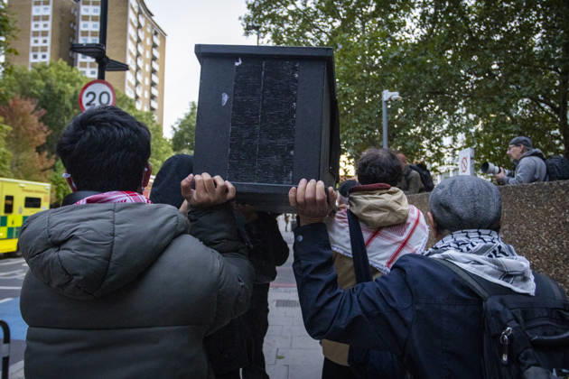 Pro-Palestine Silent Funeral Procession Central London, October 8, 2026 A pro-Palestine silent funeral procession took place in Central London, with demonstrators walking in silence to remember Palestinians killed in the conflict in Gaza. Participants carried Palestinian flags and placards, while some held a coffin and others carried effigies wrapped in burial shrouds, symbolising those killed in the conflict., Credit:Zak Irfan Avalon Copyright: xZakxIrfanx xAvalonx 1141547884