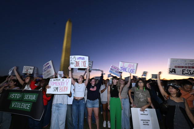 October 8, 2026, Lexington, Massachusetts, U.S.: Demonstrators march during a nationwide day of action against sexual violence near the Washington Monument in Washington. The protests follow national attention surrounding allegations by a former Cornell University student identified as Jane Doe and calls for greater accountability for sexual violence. Lexington U.S.  - ZUMAk206 20261008_znp_k206_024 Copyright: xMattxKaminskyx