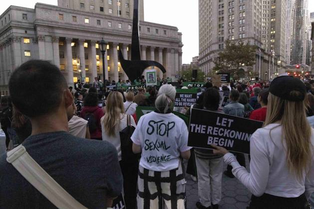 October 8, 2026, New York, New York, USA: Hundreds rally in Foley Square outside the New York State Supreme Court building in Lower Manhattan under the banner . StopSexualViolence: From the Frat House to the White House joining rallies and campus walkouts around the country demanding justice for Cornell s Jane Doe. A sign reads LET THE RECKONING BEGIN. New York USA - ZUMAr174 20261008_znp_r174_048 Copyright: xGinaxMxRandazzox