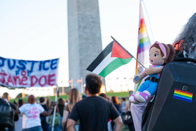 October 8, 2026, Washington, District Of Columbia, United States: A stuffed plush toy holds a Palestinian flag during the Ã¢â‚¬oeI Am Jane DoeÃ¢â‚¬Â protest near the Washington Monument in Washington on October 8, 2026. Washington United States  - ZUMAk206 20261008_znp_k206_027 Copyright: xMattxKaminskyx
