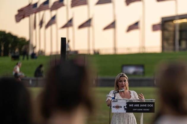October 8, 2026, Washington, District Of Columbia, United States: A demonstrator speaks during a protest against sexual violence near the Washington Monument in Washington. Demonstrations are being held across the country in solidarity with a former Cornell University student identified as Jane Doe and survivors of sexual violence. Washington United States  - ZUMAk206 20261008_znp_k206_038 Copyright: xMattxKaminskyx
