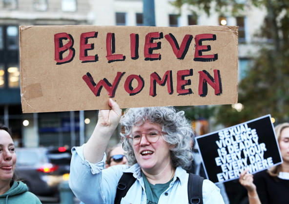 October 8, 2026, New York City, New York, USA: A woman holds a sign that says, Believe Women . A demonstration of several hundred people, mostly women, showed support for Cornell student Jane Doe , who sued after a 2024 gang rape. The protestors gathered at Foley Square and called for tougher action against sexual violence. New York City USA  - ZUMAk45_ 20261008_zaf_k45_014 Copyright: xKristaxKennellx