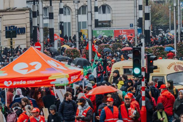 Protesters pictured during a national manifestation against the Federal Government s budgetary measures, under the Keep your hands out of our pockets! (Blijf uit onze zakken! - Pas dans nos poches) moniker, organised by the trade unions on Friday 9 October 2026 in Brussels.  EMILExWINDAL 189225701