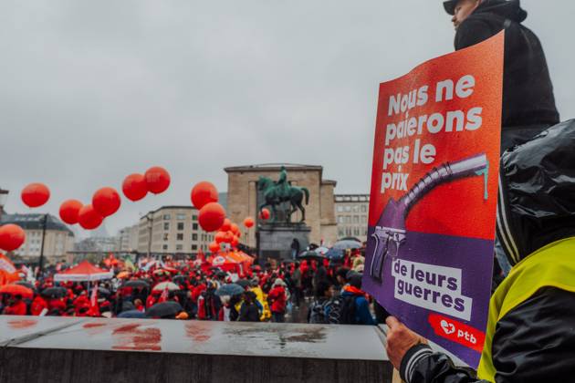 Protesters pictured during a national manifestation against the Federal Government s budgetary measures, under the Keep your hands out of our pockets! (Blijf uit onze zakken! - Pas dans nos poches) moniker, organised by the trade unions on Friday 9 October 2026 in Brussels.  EMILExWINDAL 189235114