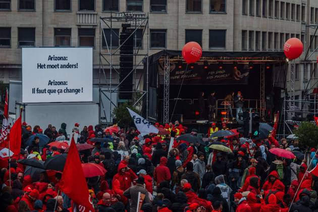 Protesters pictured during a national manifestation against the Federal Government s budgetary measures, under the Keep your hands out of our pockets! (Blijf uit onze zakken! - Pas dans nos poches) moniker, organised by the trade unions on Friday 9 October 2026 in Brussels. EMILExWINDAL 189235008
