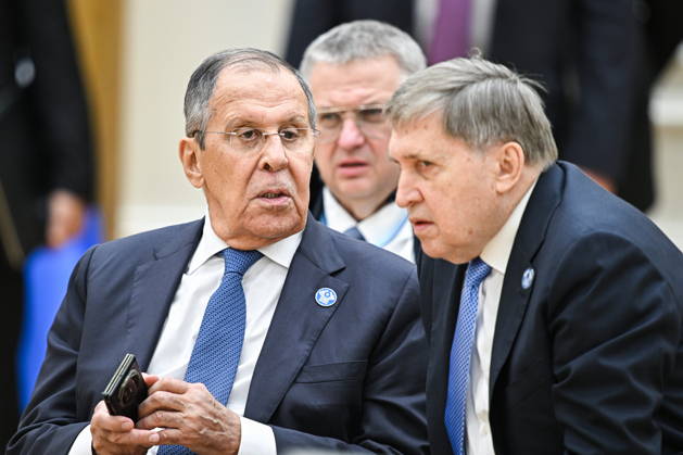 TURKMENISTAN, BALKAN PROVINCE - OCTOBER 9, 2026: Russia s Foreign Minister Sergei Lavrov, Russia s Deputy Prime Minister ALexei Overchuk and President Putin s adviser Yuri Ushakov (L-R) attend an expanded meeting of the CIS Council of Heads of State in Turkmenbashi Turkmenistan  - ZUMAt113 20261009_zaa_t113_209 Copyright: xSergeixBobylevx