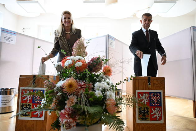 The two-day elections to municipal assemblies started in the Czech Republic together with the first round of the elections to one-third of the Senate, on October 9, 2026. On the photo votes Czech Prime Minister Andrej Babis (ANO) and his wife Monika Babisova, in Pruhonice, Czech Republic. (CTKxPhoto KaterinaxSulova) CTKPhotoP2026100904863  CTKPhotoP2026100904863
