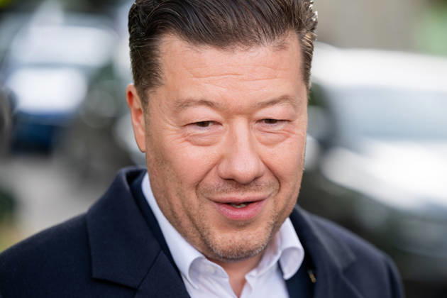 The two-day elections to municipal assemblies started in the Czech Republic together with the first round of the elections to one-third of the Senate, on October 9, 2026. On the photo Tomio Okamura, chairman of the SPD and Speaker of the Chamber of Deputies, speaks to journalists outside a polling station in Prague, Czech Republic. (CTKxPhoto OndrejxDeml) CTKPhotoP2026100905236  CTKPhotoP2026100905236