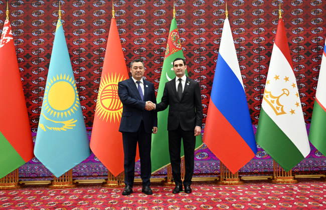 Commonwealth of Independent States (CIS) Council of Heads of State summit AWAZA, TURKMENISTAN - OCTOBER 9: (----EDITORIAL USE ONLY - MANDATORY CREDIT - ‘KYRGYZSTAN PRESIDENCY HANDOUT - NO MARKETING NO ADVERTISING CAMPAIGNS - DISTRIBUTED AS A SERVICE TO CLIENTS----) President of the Kyrgyz Republic Sadyr Japarov (left) is welcomed by President of Turkmenistan Serdar Berdimuhamedov (right) prior to the Commonwealth of Independent States (CIS) Council of Heads of State summit in the Awaza National Tourist Zone near Turkmenbashi, Turkmenistan on October 9, 2026. Kyrgyzstan Presidency Handout Anadolu Awaza Turkmenistan. Editorial use only. Please get in touch for any other usage.  Copyright: x2026xAnadoluxKyrgyzstanxPresidencyx xHandoutx