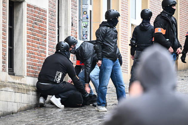 Violent student protests merge with a trade union demonstration near Mont des Arts in Brussels, Belgium, on 9 October 2026. Clashes and disorder unfold as student protesters join the union-led mobilisation in the Belgian capital.