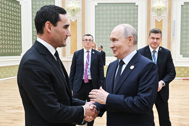 TURKMENISTAN, BALKAN PROVINCE - OCTOBER 9, 2026: Turkmenistan s President Serdar Berdimuhamedow and Russia s President Vladimir Putin (L-R front) are seen after the Caspian Ecological Summit Turkmenistan  - ZUMAt113 20261009_zaa_t113_481 Copyright: xSergeixBobylevx