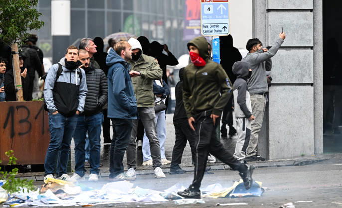Violent student protests merge with a trade union demonstration near Mont des Arts in Brussels, Belgium, on 9 October 2026. Clashes and disorder unfold as student protesters join the union-led mobilisation in the Belgian capital.