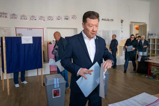 The two-day elections to municipal assemblies started in the Czech Republic together with the first round of the elections to one-third of the Senate, on October 9, 2026. On the photo comes to vote Tomio Okamura, chairman of the SPD and Speaker of the Chamber of Deputies, in Prague, Czech Republic. (CTKxPhoto OndrejxDeml) CTKPhotoP2026100906347  CTKPhotoP2026100906347