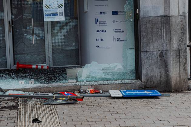 Property damage pictured afterwards a national manifestation against the Federal Government s budgetary measures, under the Keep your hands out of our pockets! (Blijf uit onze zakken! - Pas dans nos poches) moniker, organised by the trade unions on Friday 9 October 2026 in Brussels. EMILExWINDAL 189265709