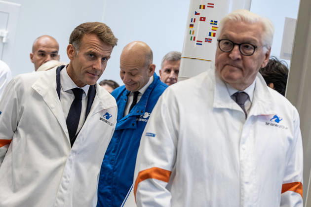 Emmanuel Macron And Frank-Walter Steinmeier Visit in Gironde French President Emmanuel Macron and German President Frank-Walter Steinmeier visit ArianeGroup, a European aerospace and defence company, during Steinmeier s state visit to France, in Le Haillan, France, on October 9, 2026. Photo by Margot Le Gonidec ABACAPRESS.COM Le Haillan France  Copyright: xLexGonidecxMargot ABACAx