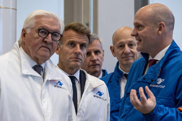 Emmanuel Macron And Frank-Walter Steinmeier Visit in Gironde French President Emmanuel Macron and German President Frank-Walter Steinmeier visit ArianeGroup, a European aerospace and defence company, during Steinmeier s state visit to France, in Le Haillan, France, on October 9, 2026. Photo by Margot Le Gonidec ABACAPRESS.COM Le Haillan France  Copyright: xLexGonidecxMargot ABACAx