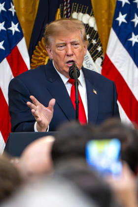 President Donald Trump hosts an event honoring Christopher Columbus in the East Room of the White House in Washington, DC Friday, October 9, 2026. The event highlighted the 13-foot reconstructed statue of Columbus installed outside the Eisenhower Executive Office Building in March after demonstrators in Baltimore threw into the harbor on July 4, 2020. WAP20261009319 BONNIExCASH