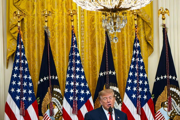 President Donald Trump hosts an event honoring Christopher Columbus in the East Room of the White House in Washington, DC Friday, October 9, 2026. The event highlighted the 13-foot reconstructed statue of Columbus installed outside the Eisenhower Executive Office Building in March after demonstrators in Baltimore threw into the harbor on July 4, 2020. WAP20261009320 BONNIExCASH