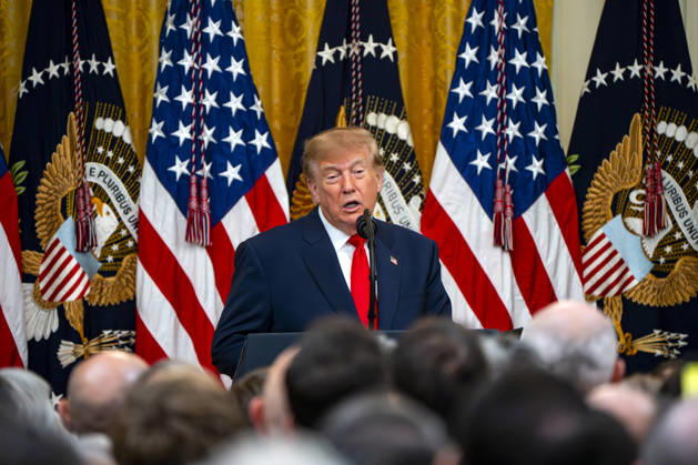 President Donald Trump hosts an event honoring Christopher Columbus in the East Room of the White House in Washington, DC Friday, October 9, 2026. The event highlighted the 13-foot reconstructed statue of Columbus installed outside the Eisenhower Executive Office Building in March after demonstrators in Baltimore threw into the harbor on July 4, 2020.  WAP20261009324 BONNIExCASH