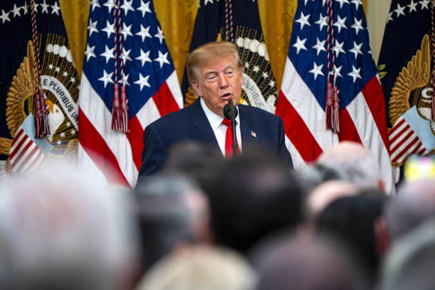 President Donald Trump hosts an event honoring Christopher Columbus in the East Room of the White House in Washington, DC Friday, October 9, 2026. The event highlighted the 13-foot reconstructed statue of Columbus installed outside the Eisenhower Executive Office Building in March after demonstrators in Baltimore threw into the harbor on July 4, 2020. WAP20261009328 BONNIExCASH