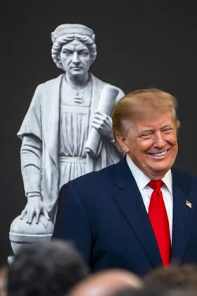 President Donald Trump hosts an event honoring Christopher Columbus in the East Room of the White House in Washington, DC Friday, October 9, 2026. The event highlighted the 13-foot reconstructed statue of Columbus installed outside the Eisenhower Executive Office Building in March after demonstrators in Baltimore threw into the harbor on July 4, 2020. WAP20261009330 BONNIExCASH