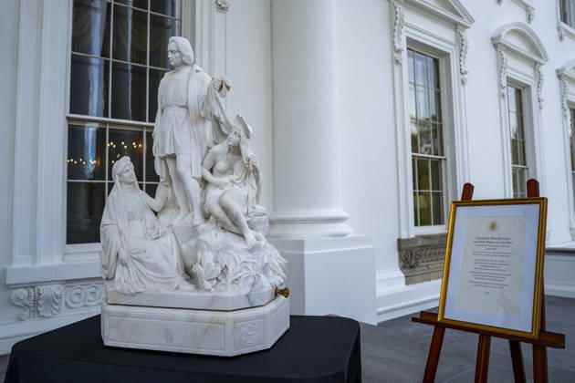 A statue of Christopher Columbus is on display ahead of its permanent relocation to the Rose Garden at the White House in Washington, DC Friday, October 9, 2026. WAP20261009333 BONNIExCASH