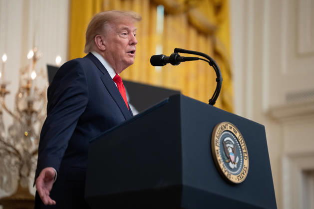 President Donald Trump gives remarks during an event in the East Room of the White House in Washington, DC on Friday, Oct. 9, 2026. Trump is hosting a Columbus Day celebration.  WASP20261009102 AaronxSchwartz