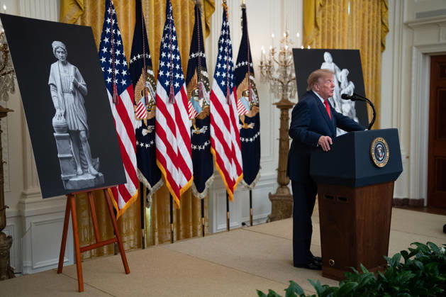 President Donald Trump gives remarks during an event in the East Room of the White House in Washington, DC on Friday, Oct. 9, 2026. Trump is hosting a Columbus Day celebration.  WASP20261009100 AaronxSchwartz