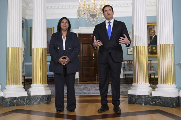 U.S. Secretary of State Marco Rubio speaks alongside the leader of a Venezuelan opposition bloc, Dinorah Figuera, during a meeting in the Treaty Room at the State Department in Washington, D.C., USA, 09 October 2026. Rubio stated that the dialogue between an opposition bloc led by Dinorah Figuera and the Chavistas to move toward a democratic transition in Venezuela has the full support of the Donald Trump administration. The opposition s dialogue with Chavismo has the full support of the U.S !ACHTUNG: NUR REDAKTIONELLE NUTZUNG!  Copyright: xLeninxNollyx USA3440 20261009-55021638949_1