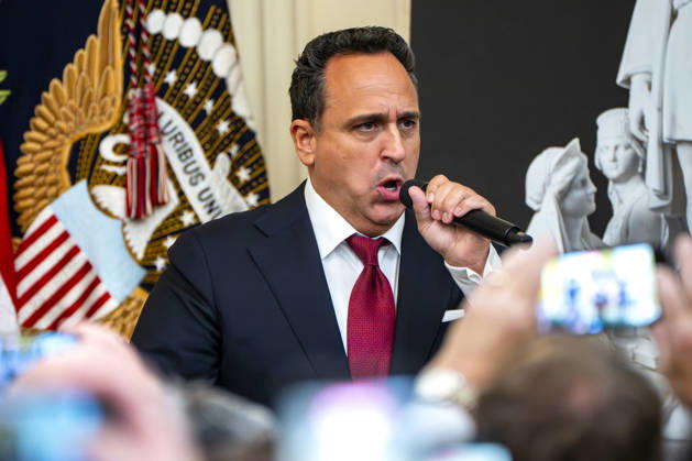 Singer Christopher Maccio performs during an a event honoring Christopher Columbus in the East Room of the White House in Washington, DC Friday, October 9, 2026. The event highlighted the 13-foot reconstructed statue of Columbus installed outside the Eisenhower Executive Office Building in March after demonstrators in Baltimore threw into the harbor on July 4, 2020. WAP20261009334 BONNIExCASH