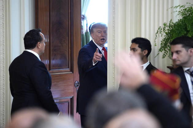 Donald Trump on Columbus Day celebration - Washington US President Donald Trump departs after a Columbus Day celebration in the East Room in Washington on October 9, 2026. Photo by Yuri Gripas ABACAPRESS.COM Washington DC United States Copyright: xGripasxYuri ABACAx