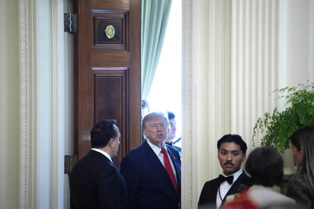 Donald Trump on Columbus Day celebration - Washington US President Donald Trump departs after a Columbus Day celebration in the East Room in Washington on October 9, 2026. Photo by Yuri Gripas ABACAPRESS.COM Washington DC United States Copyright: xGripasxYuri ABACAx