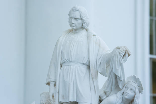 A statue of Christopher Columbus is on display ahead of its permanent relocation to the Rose Garden at the White House in Washington, DC Friday, October 9, 2026.  WASP20261009123 AaronxSchwartz