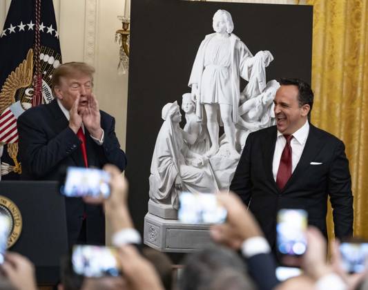 October 9, 2026, Washington, District Of Columbia, USA: United States President Donald J Trump greets singer Christopher Macchio as he hosts a Columbus Day Celebration in the East Room of the White House in Washington, DC, USA on Friday, October 8, 2026 Washington USA  - ZUMAs152 20261009_faa_s152_008 Copyright: xAndrewxThomas-CNPx