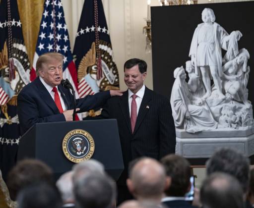 October 9, 2026, Washington, District Of Columbia, USA: United States President Donald J Trump with Frank J Bisignano, Commissioner, Social Security Administration (SSA) and Chief Executive Officer, Internal Revenue Service (IRS), as he hosts a Columbus Day Celebration in the East Room of the White House in Washington, DC, USA on Friday, October 8, 2026 Washington USA - ZUMAs152 20261009_faa_s152_009 Copyright: xAndrewxThomas-CNPx