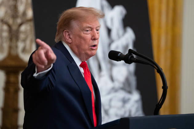 United States President Donald J Trump makes remarks as he hosts a Columbus Day Celebration in the East Room of the White House in Washington, DC, USA on Friday, October 8, 2026. Copyright: xAaronxSchwartz PoolxviaxCNPx MediaPunchx