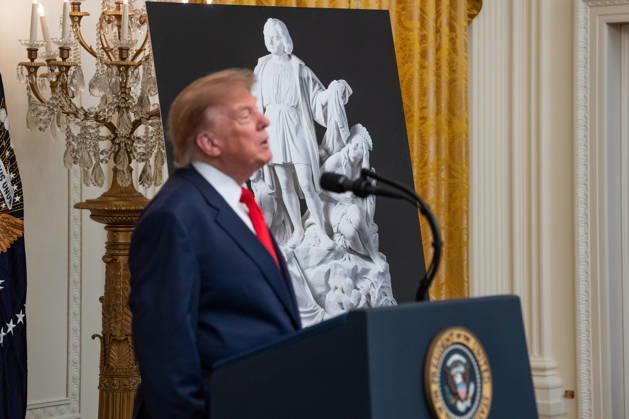 United States President Donald J Trump makes remarks in front of a poster of a statue of Christopher Columbus as he hosts a Columbus Day Celebration in the East Room of the White House in Washington, DC, USA on Friday, October 8, 2026. Copyright: xAaronxSchwartz PoolxviaxCNPx MediaPunchx