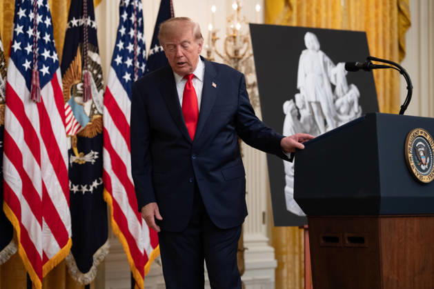 United States President Donald J Trump after making remarks as he hosts a Columbus Day Celebration in the East Room of the White House in Washington, DC, USA on Friday, October 8, 2026. Copyright: xAaronxSchwartz PoolxviaxCNPx MediaPunchx
