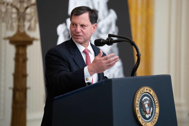 Frank J. Bisignano, Commissioner, Social Security Administration (SSA) and Chief Executive Officer, Internal Revenue Service (IRS) gives remarks during a Columbus Day Celebration hosted by United States President Donald J Trump in the East Room of the White House in Washington, DC, USA on Friday, October 8, 2026. Copyright: xAaronxSchwartz PoolxviaxCNPx MediaPunchx
