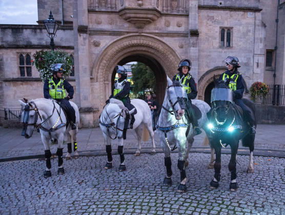 October 9, 2026, Bristol, Bristol, UK: Bristol, UK. Police horses at Bristol Rises far-right demo and counter-protest in city centre. Bristol Rises have called their protest after some of their members were at the centre of a disturbance outside the main Bristol University building on Monday. A counter-protest has been called by a coalition of anti-racism groups. Police have a dispersal order in the centre and said anyone in either protest wearing a face covering may be arrested or prosecuted under recent new legal powers. Bristol UK  - ZUMAl94_ 20261009_zaf_l94_001 Copyright: xSimonxChapmanx