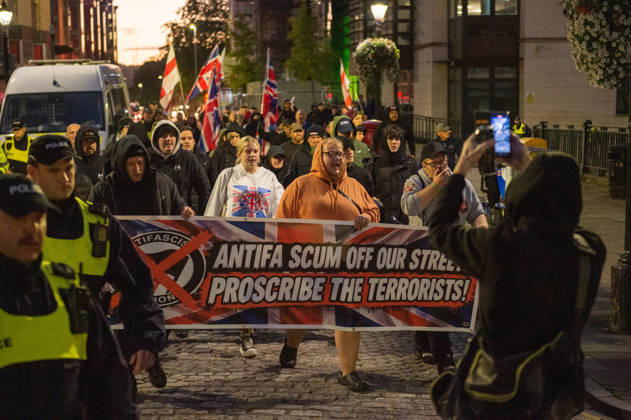 October 9, 2026, Bristol, Bristol, UK: Bristol, UK. Bristol Rises far-right demo (pictured) and counter-protest in city centre. Bristol Rises have called their protest after some of their members were at the centre of a disturbance outside the main Bristol University building on Monday. A counter-protest has been called by a coalition of anti-racism groups. Police have a dispersal order in the centre and said anyone in either protest wearing a face covering may be arrested or prosecuted under recent new legal powers. Bristol UK  - ZUMAl94_ 20261009_zaf_l94_010 Copyright: xSimonxChapmanx