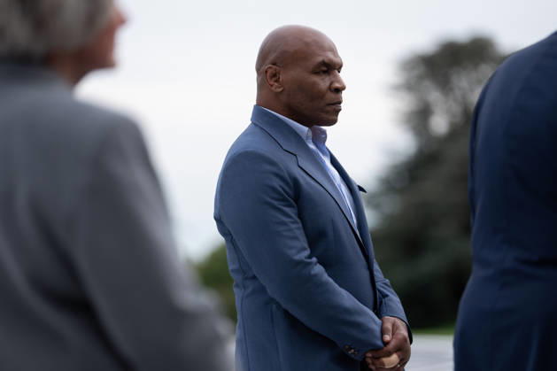 Former professional boxer Mike Tyson stands on the South Lawn of the White House before boarding Marine One in Washington, DC on Friday, Oct. 9, 2026. President Donald Trump is heading to Syracuse on Friday to boost Republican gubernatorial candidate Bruce Blakeman, who is trailing Governor Kathy Hochul in polls ahead of November s election.  WASP20261009159 AaronxSchwartz