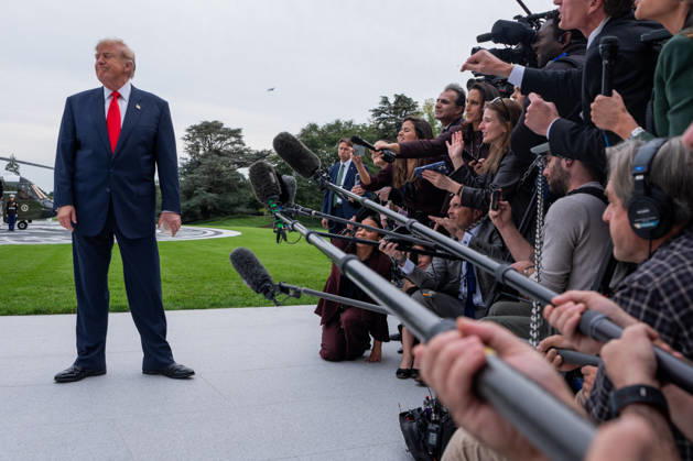 President Donald Trump speaks to members of the media on the South Lawn of the White House before boarding Marine One in Washington, DC on Friday, Oct. 9, 2026. Trump is heading to Syracuse on Friday to boost Republican gubernatorial candidate Bruce Blakeman, who is trailing Governor Kathy Hochul in polls ahead of November s election.  WASP202610091551 AaronxSchwartz